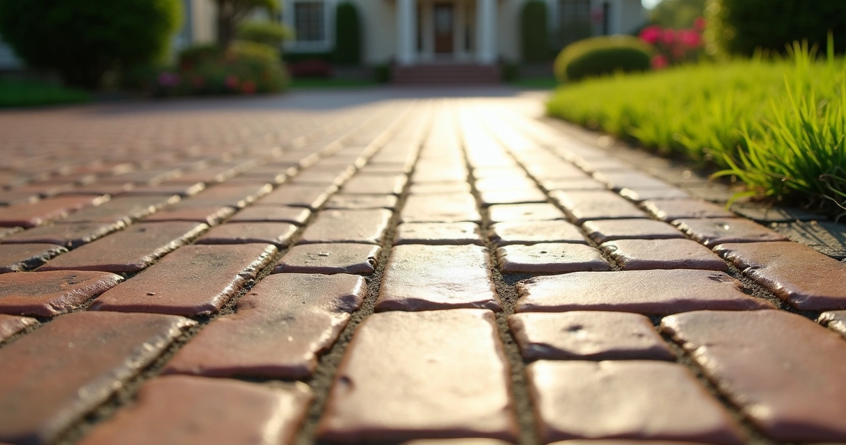Glossy finish on sealed paver driveway 