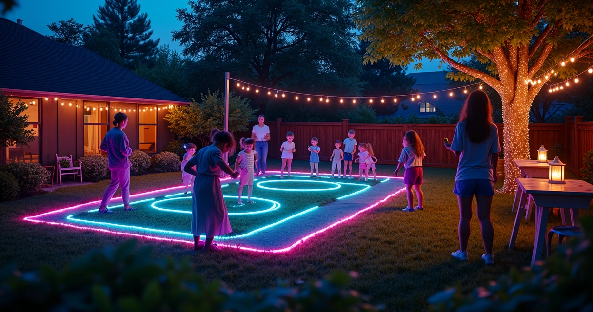 Backyard at night with glow-in-the-dark games and neon decorations