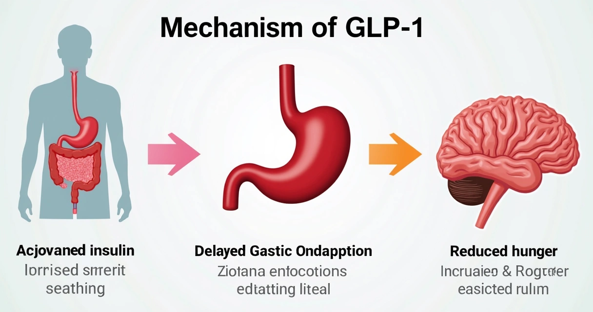 Scientific diagram of GLP-1 acting on pancreas, stomach, and brain