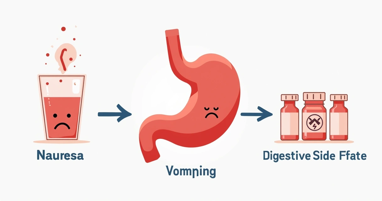 Simple diagram with icons showing nausea, vomiting, and digestive symptoms