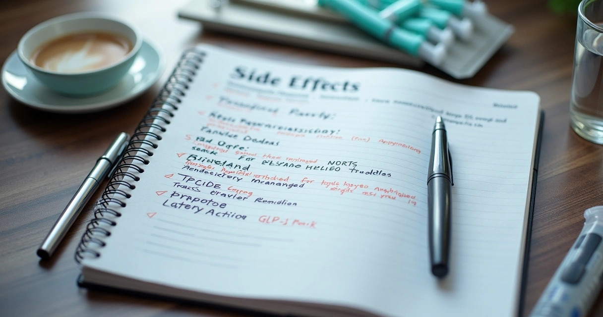 Notebook with notes about GLP-1 medication side effects and tips 