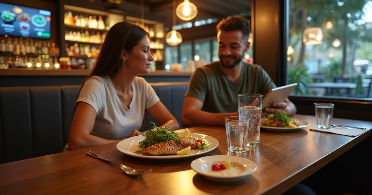 Mesas de restaurante meio vazias com pratos menores e opções mais saudáveis 