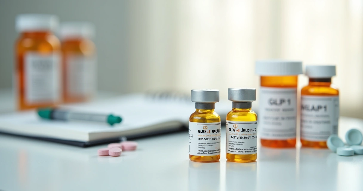 GLP-1 medication vials on a counter surrounded by colorful pill bottles and a patient journal
