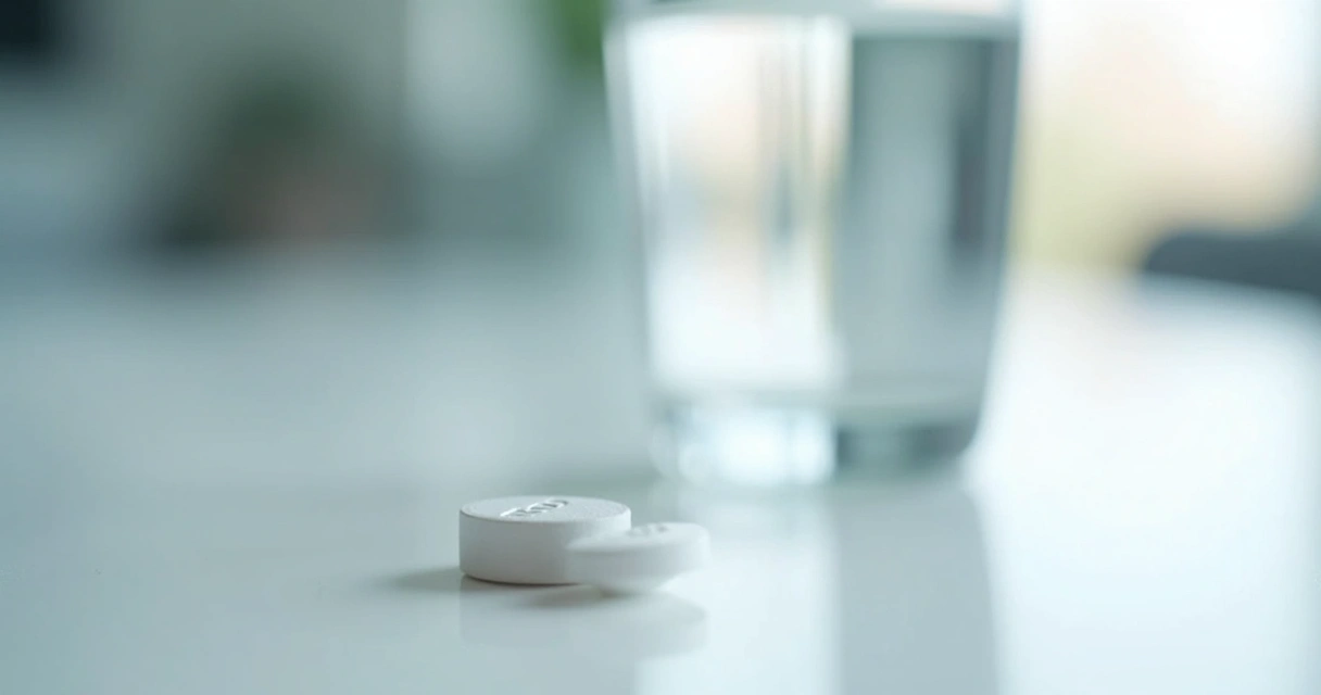 Oral semaglutide tablet with a glass of water on white background
