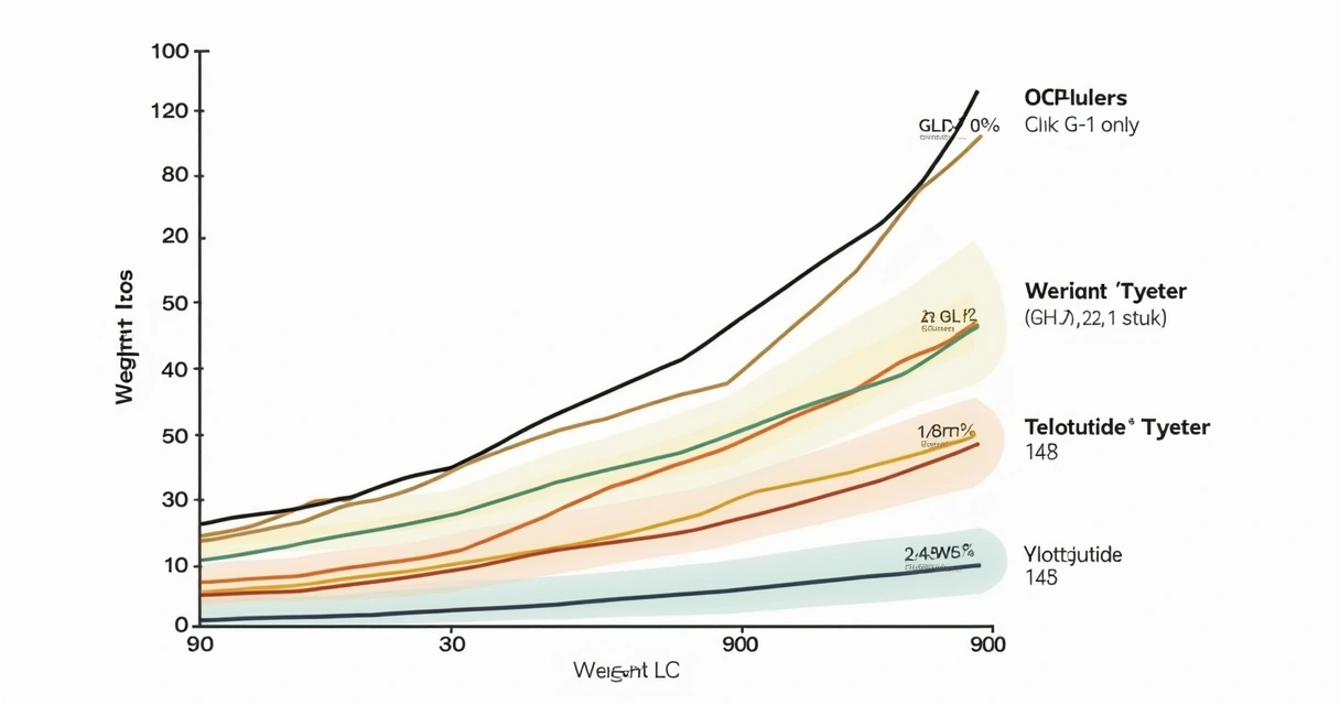 Line chart comparing weight loss percentages from GLP-1, GLP-1/GIP, and triple agonist medications over time.