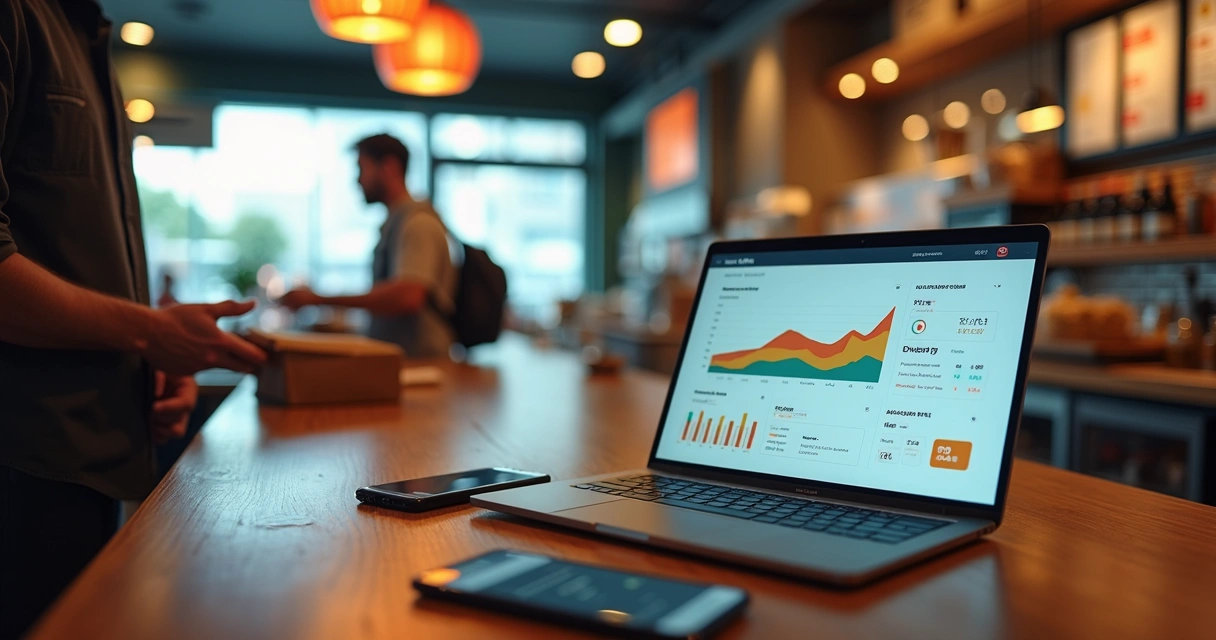 Gestor de restaurante analisando GMV do delivery em painel com gráficos e pedidos 