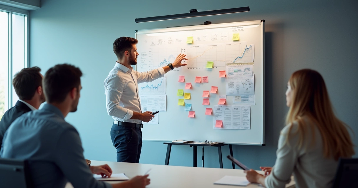 Consultant drawing clear goals and milestones on whiteboard 