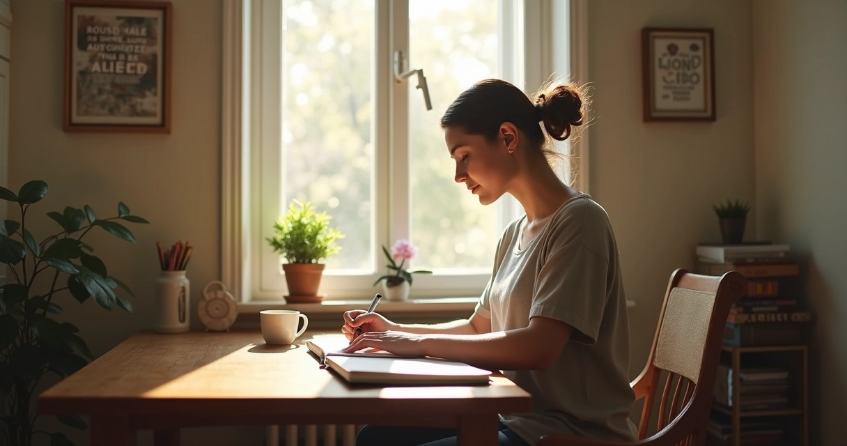 Person writing mindful goals in a journal 