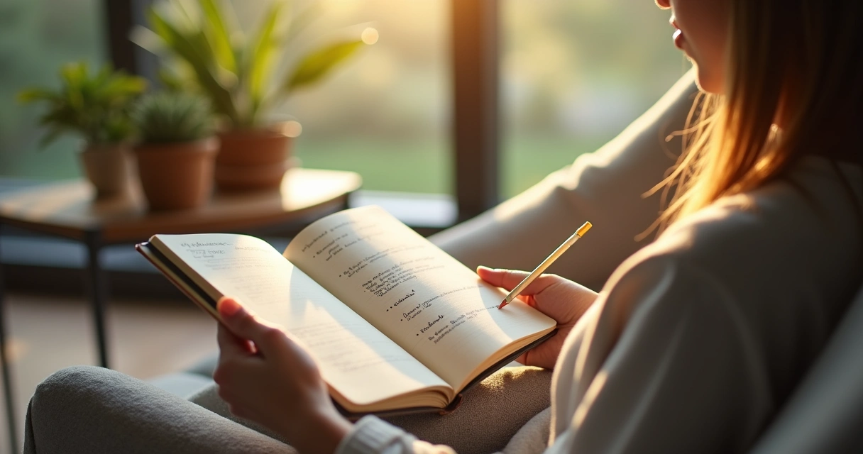 Person holding a journal and pen, seated by a window, sunlight streaming onto the page.