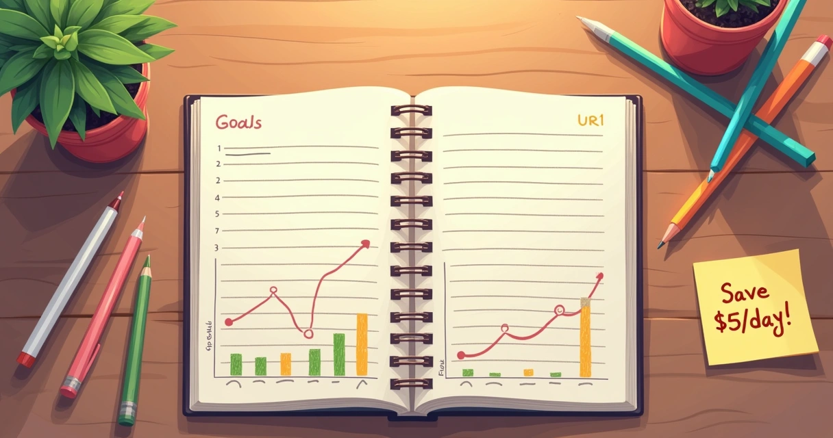 Open journal with written financial goals and charts
