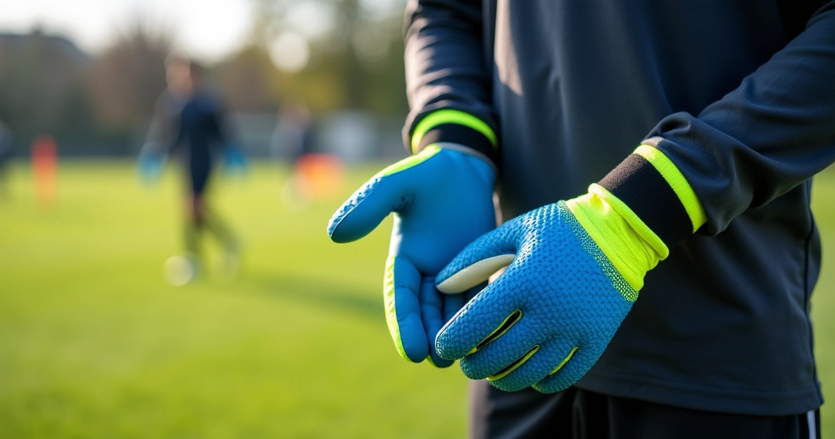 Goalkeeper putting on gloves before soccer training session 