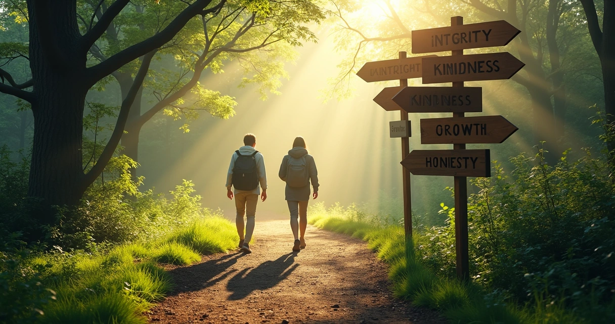 Person walking along a winding forest trail, various signposts representing different values flanking the path