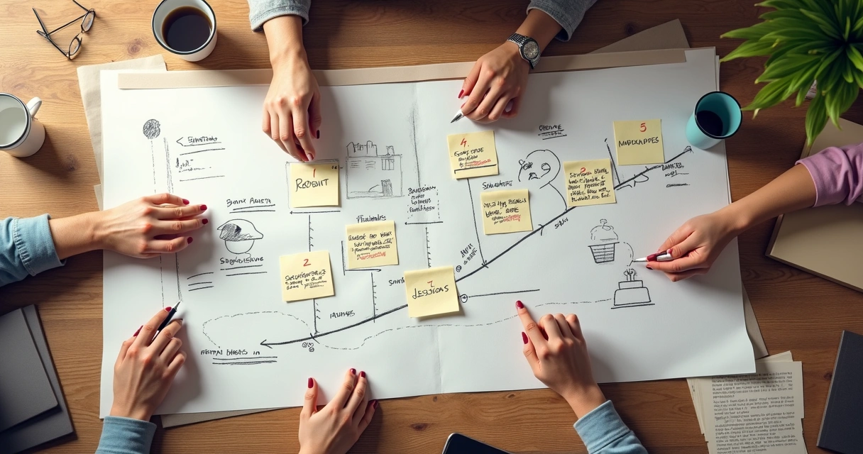 Illustration of a roadmap drawn on a table with sticky notes, pens, and hands pointing to different milestones