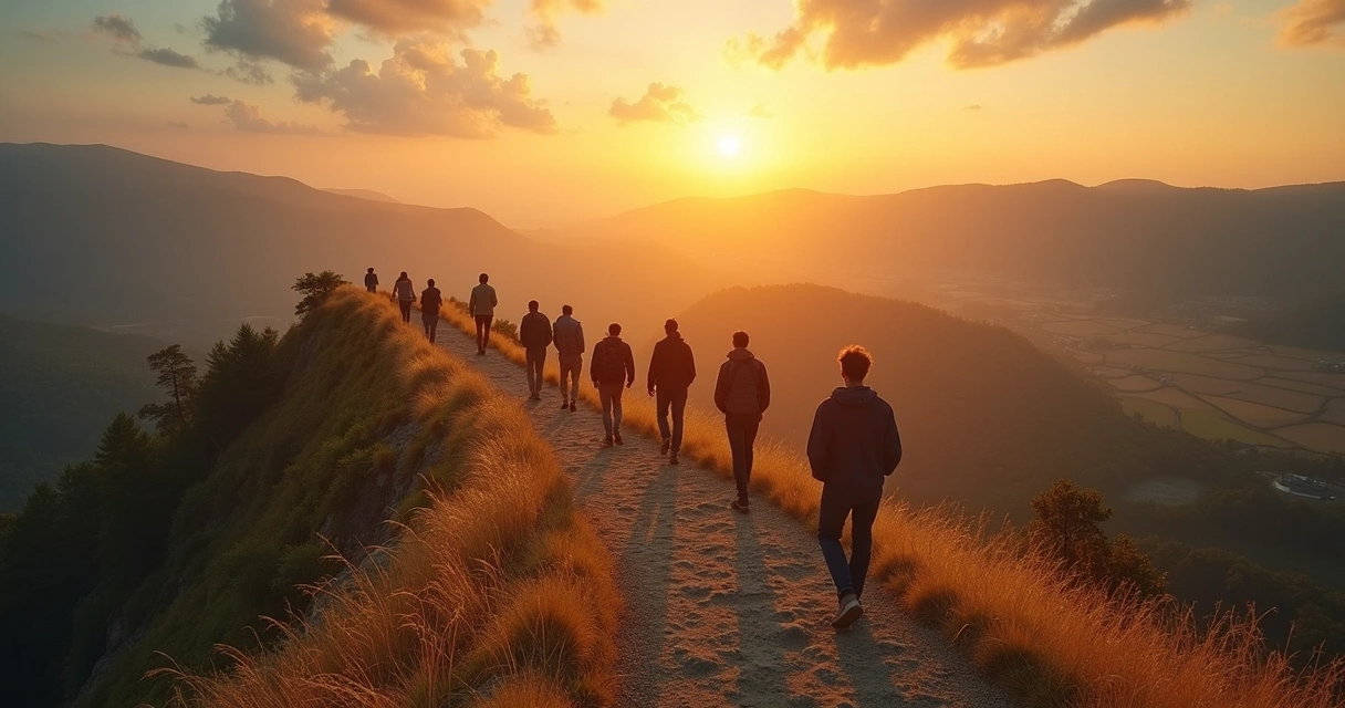 Diverse people walking up a mountain path towards a sunrise, symbolizing purpose-driven goals 