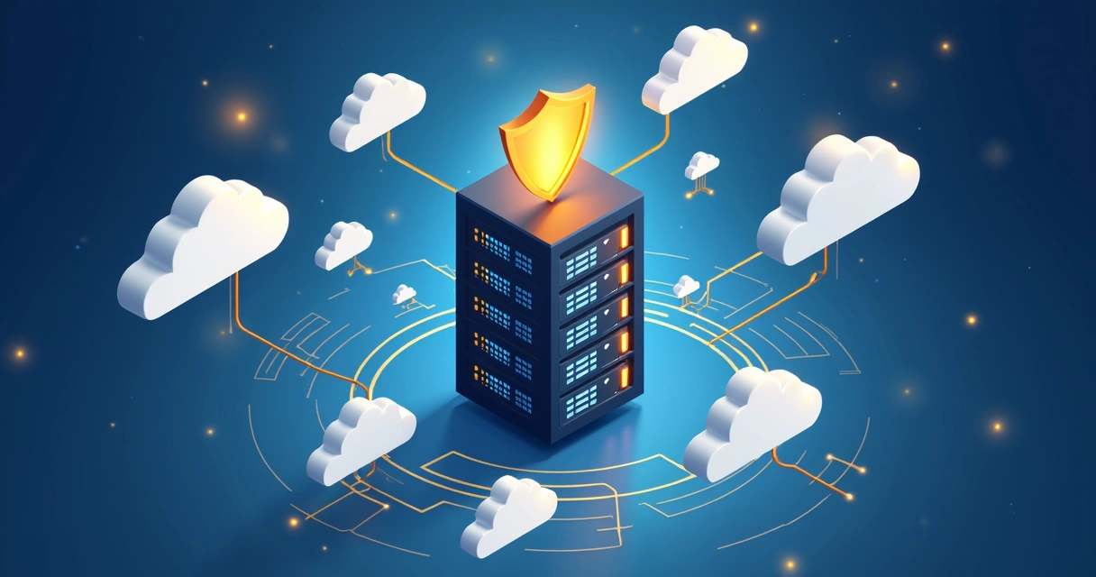 Ilustração de servidor e escudo digital representando segurança em nuvem edge