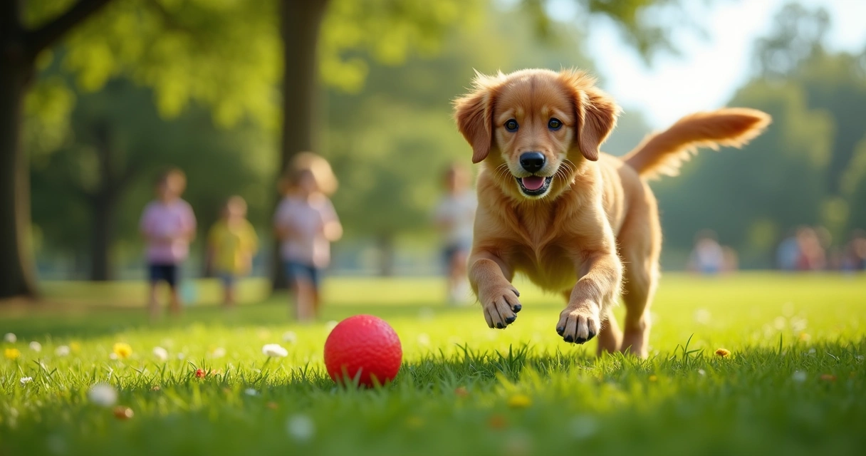 Golden Retriever brincando com uma bola vermelha no parque 
