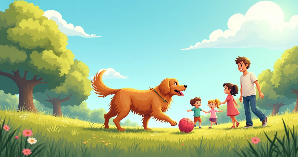 Golden retriever brincando com uma bola em um parque ensolarado, rodeado por crianças e natureza.