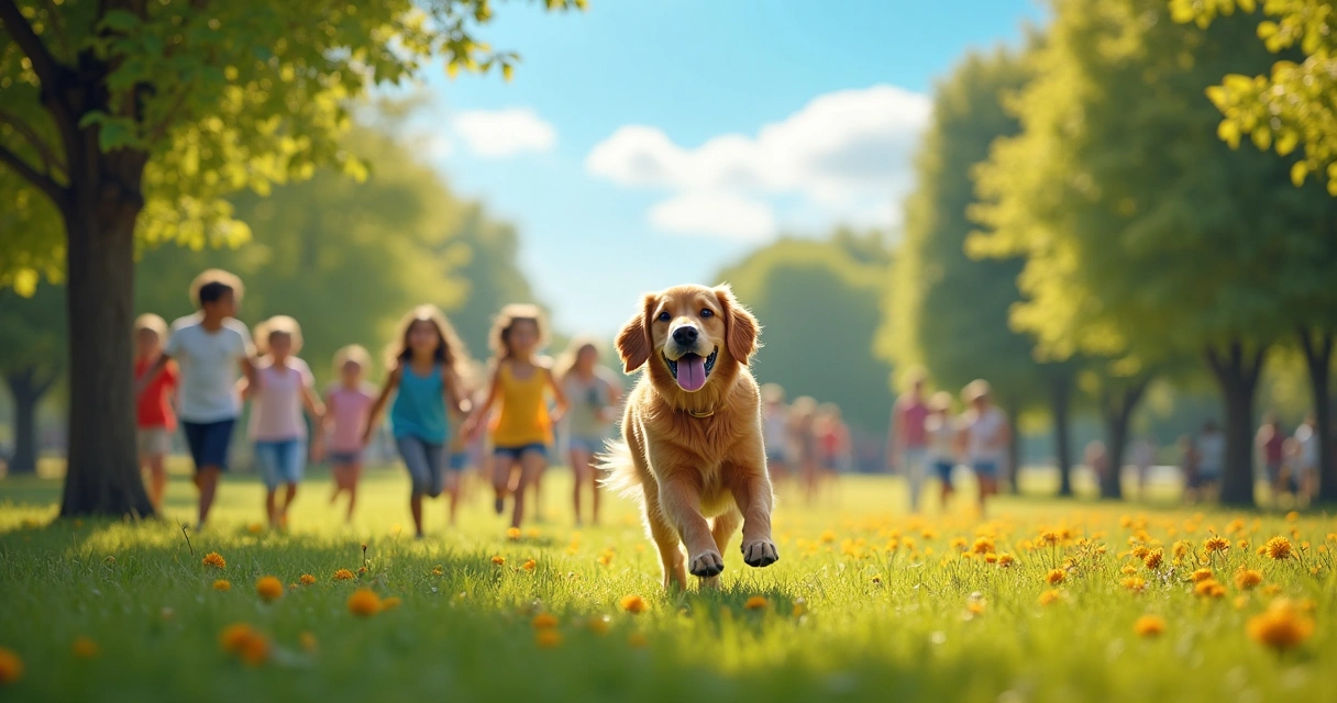 Alegre golden retriever correndo em um parque ensolarado, cercado por árvores verdes e flores coloridas.
