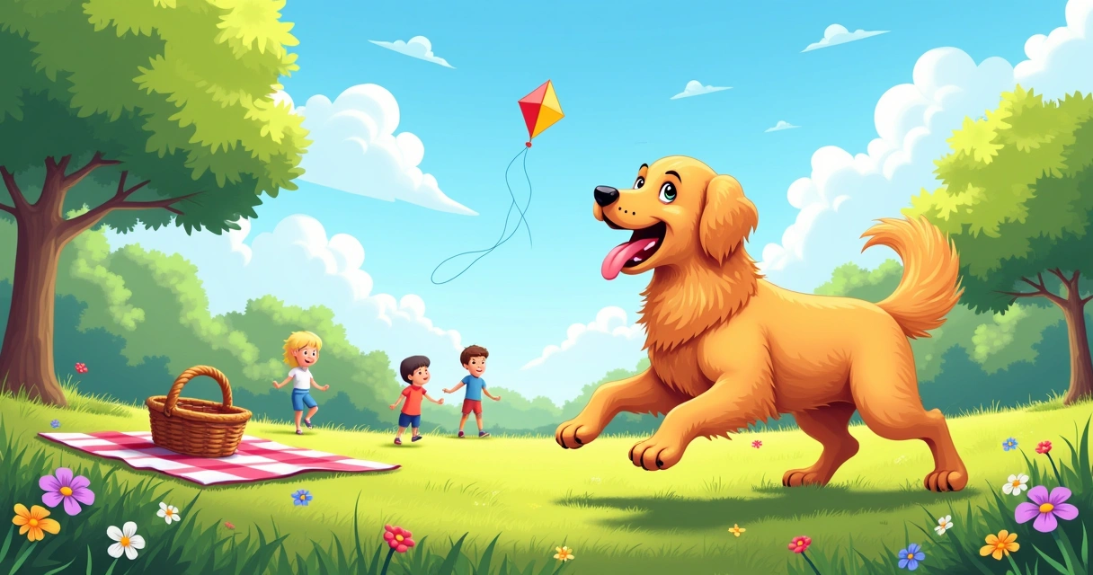 Golden retriever playing joyfully in a sunny park with flowers, children, and a picnic blanket.