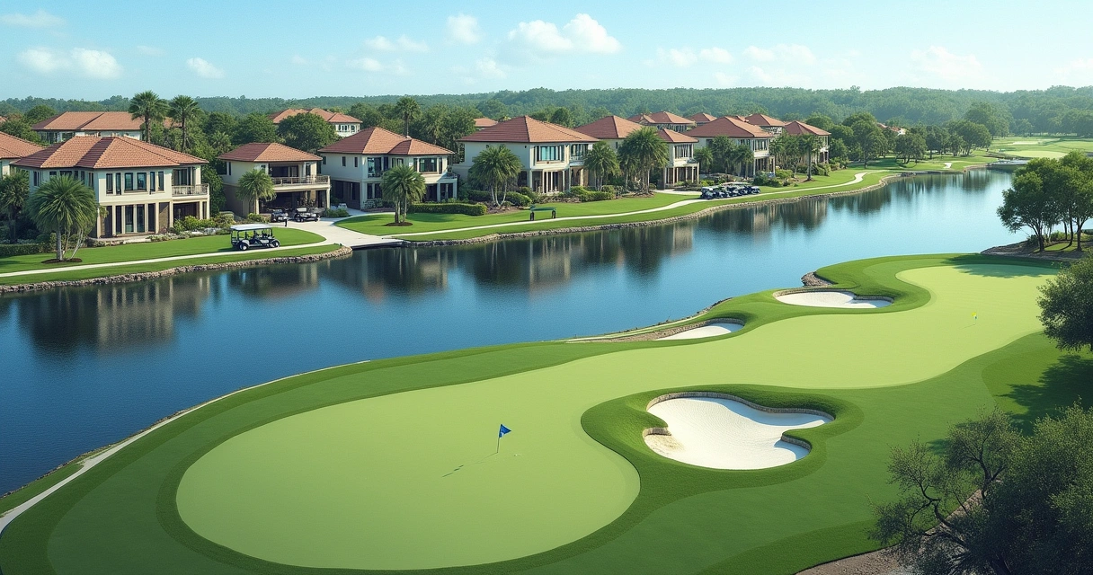 View of the golf course and luxurious lakeside homes in Lake Nona 