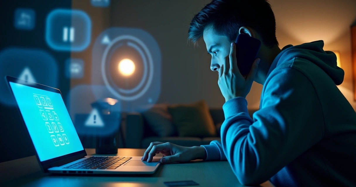 Pessoa preocupada segurando celular enquanto fala com suposto atendente de banco em ambiente escuro 