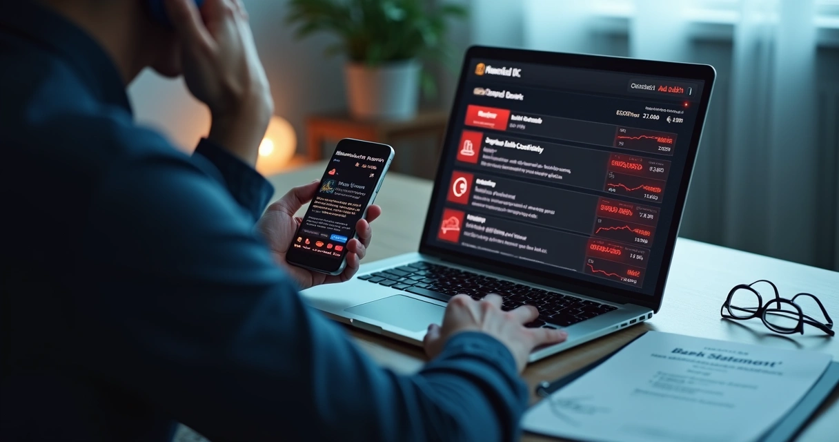 Cliente apreensivo ao telefone enquanto observa tela de internet banking com alerta de transação suspeita 