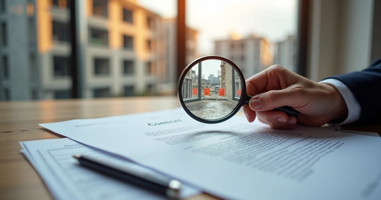 Mesa com documentos imobiliários, contrato em destaque e mãos segurando lupa sobre papel 