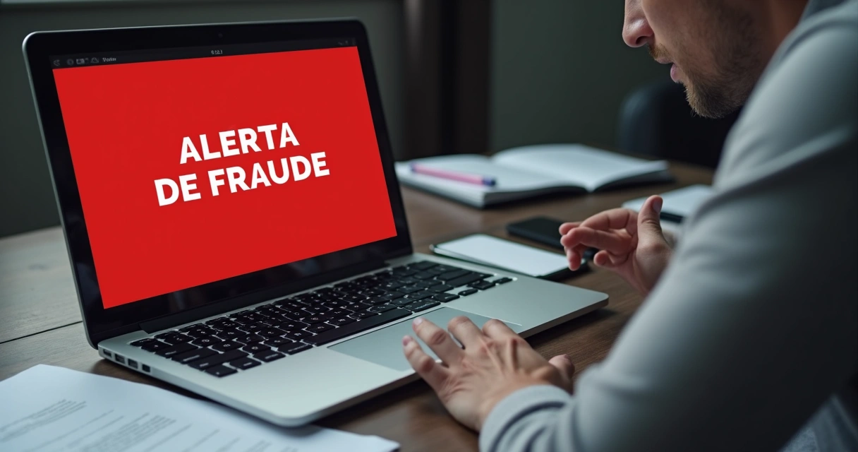 Pessoa olhando alerta de fraude em notebook 
