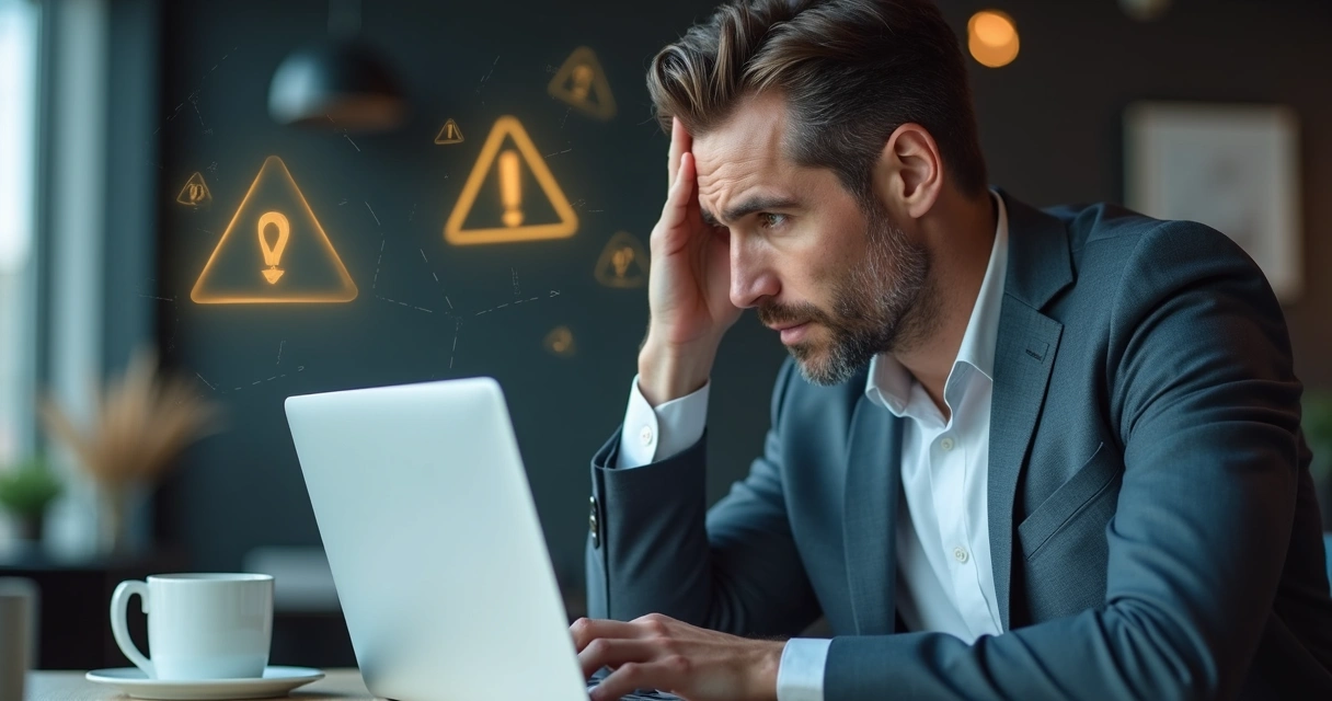 Executivo confuso olhando para um e-mail suspeito em tela.