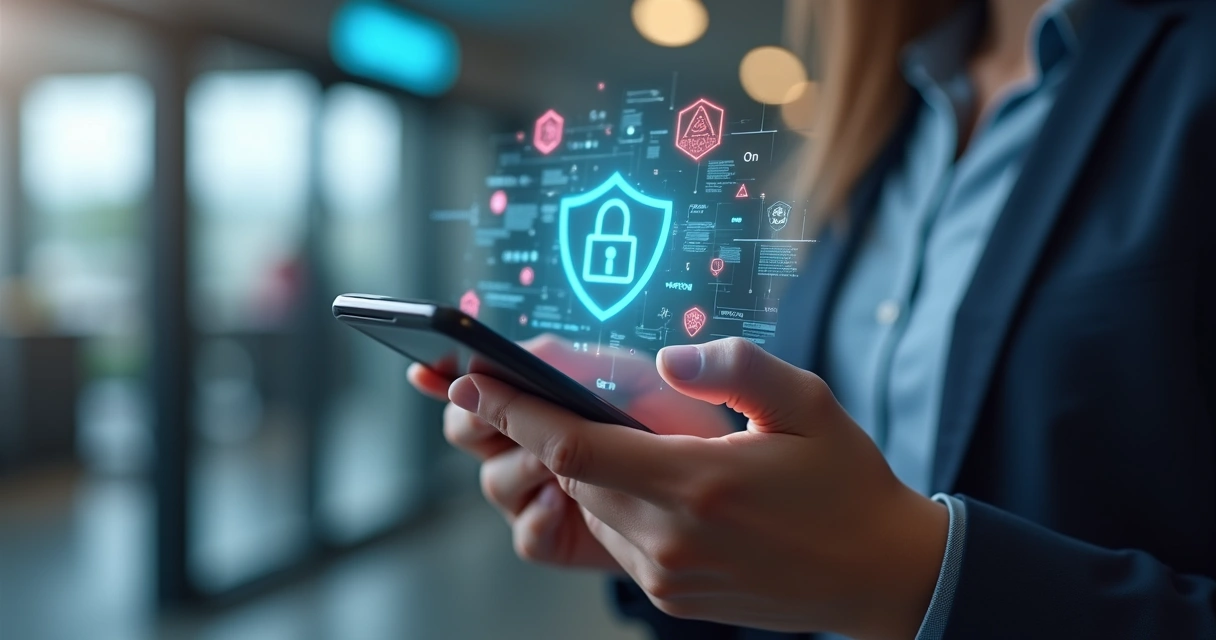 Pessoa usando celular para aplicativo bancário em ambiente moderno com ícones digitais de segurança e alertas de fraude ao redor 