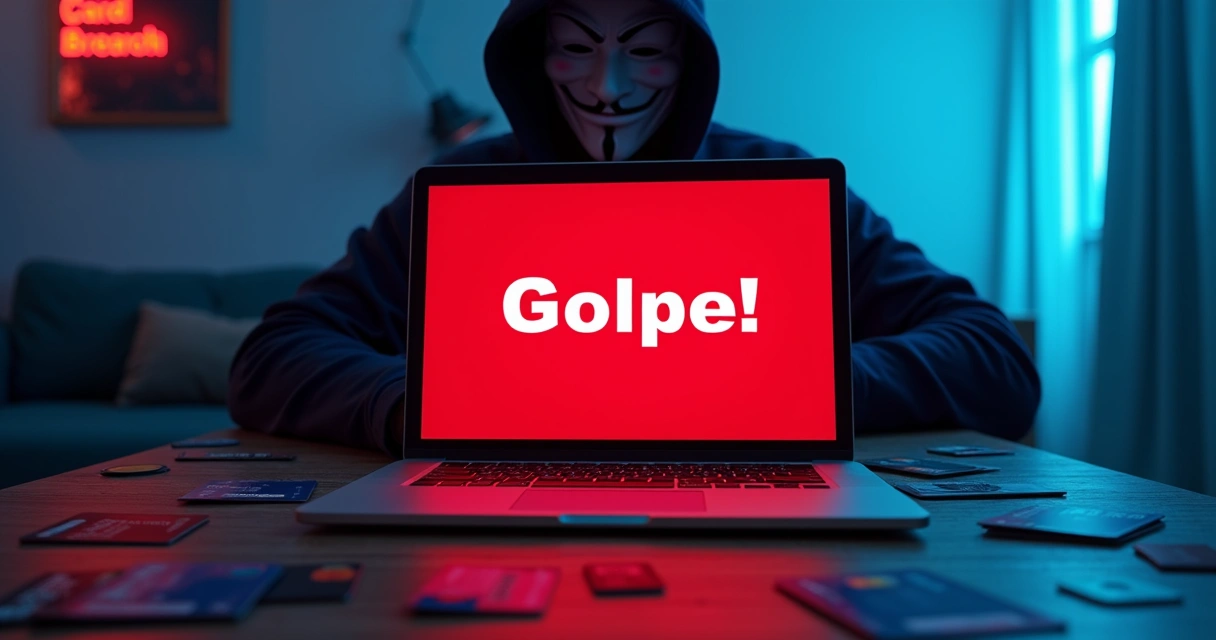 Tela de computador com alerta de golpe em destaque 
