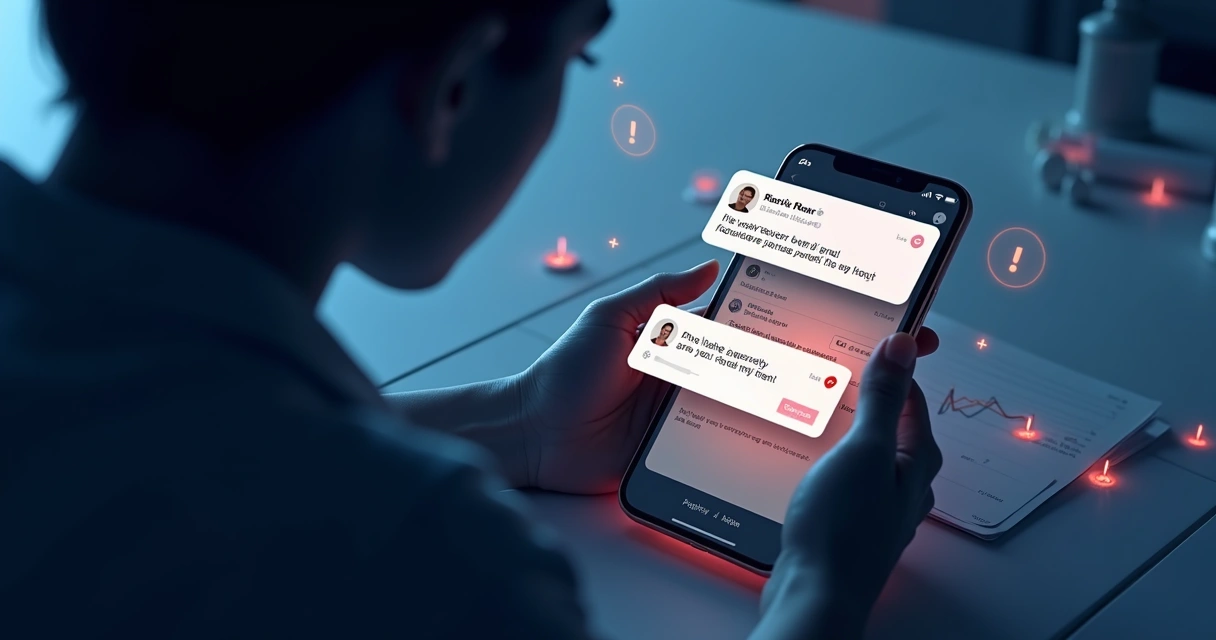 Painel com celular exibindo rede social e mensagens suspeitas, simulando um golpe financeiro 
