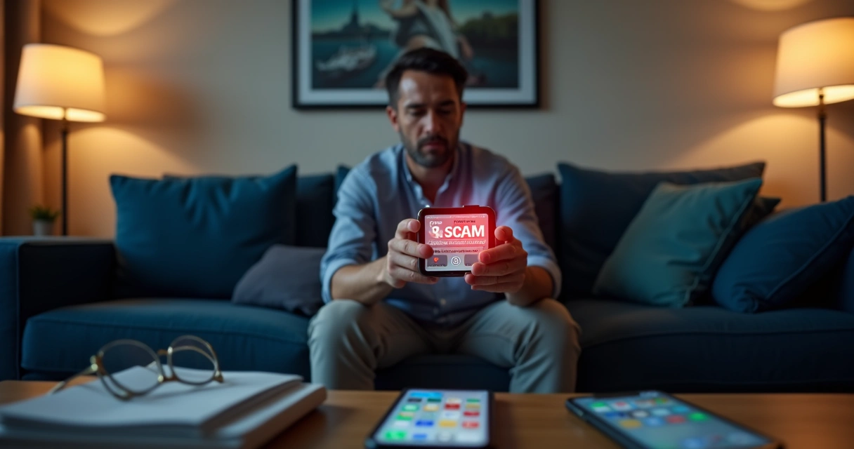 Pessoa em sofá revendo oferta suspeita no celular com alerta de golpe na tela 