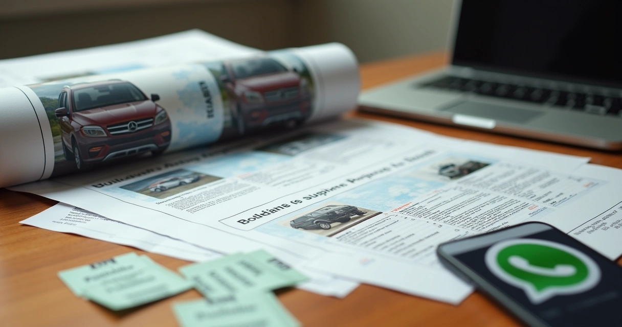 Contrato falso de financiamento de veículo com boletos sobre uma mesa e celular exibindo WhatsApp 