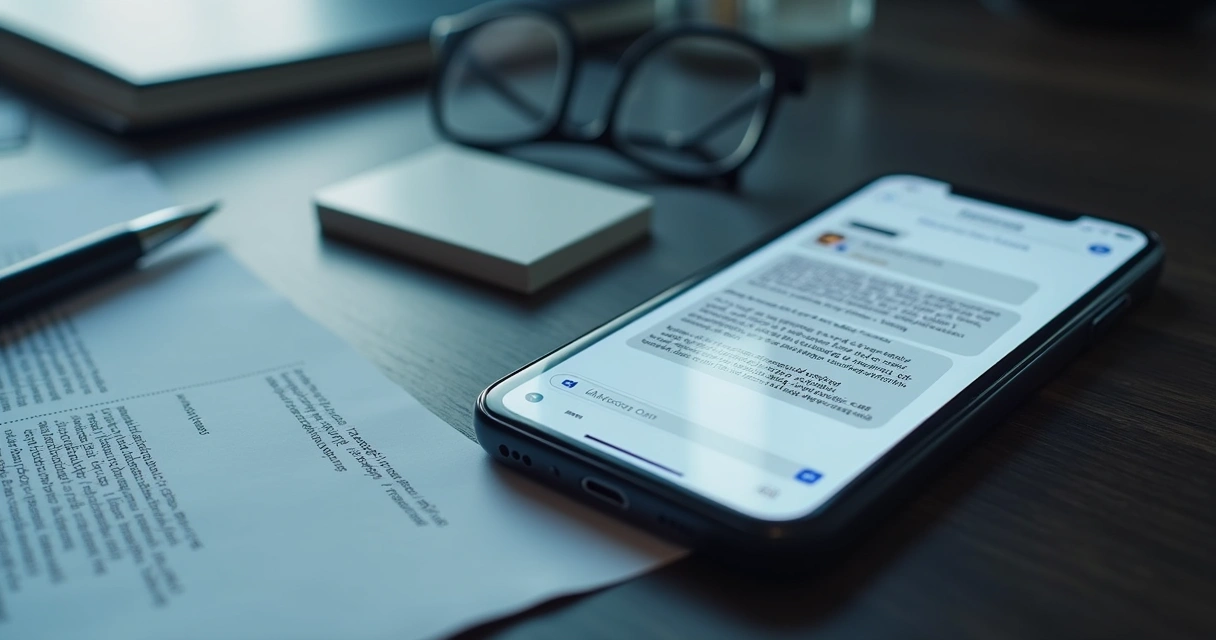 Celular com conversa falsa de advogado ao lado de documentos jurídicos 