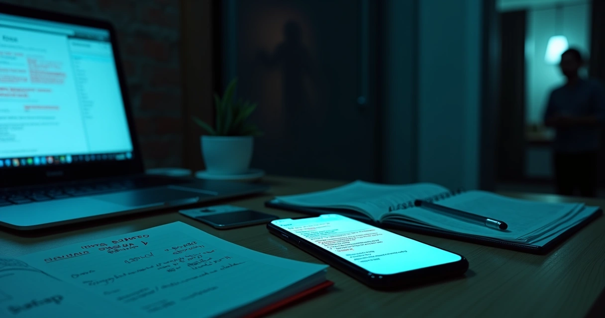 Mesa com telefone mostrando conversa suspeita no WhatsApp ao lado de documentos pessoais expostos 