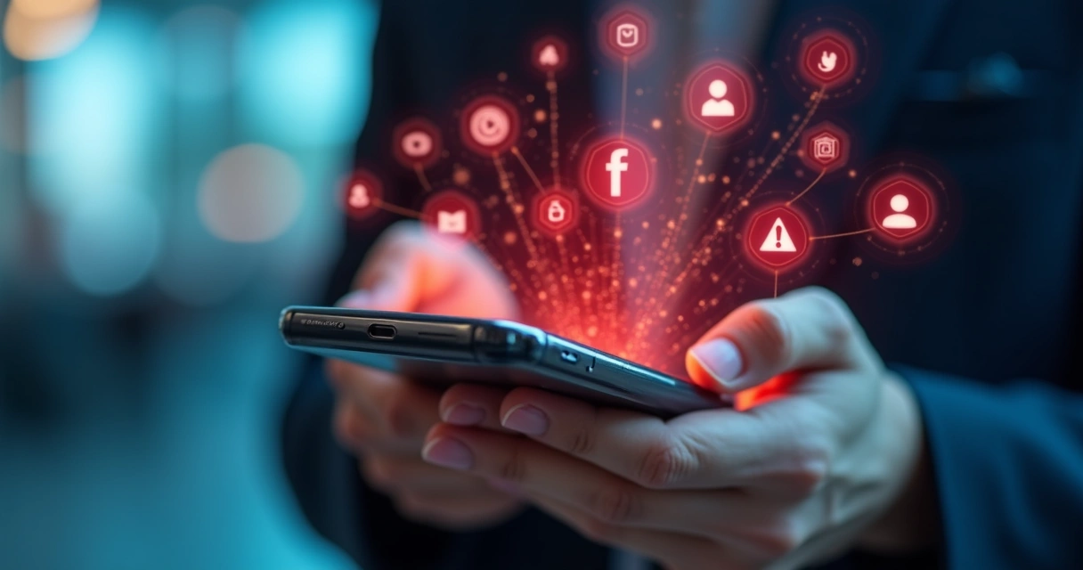 Pessoa usando smartphone com alertas de segurança bancária na tela e ícones de redes sociais ao redor 