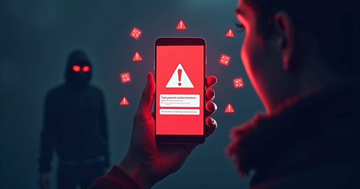 Celular recebendo tentativa de golpe digital com alerta de perigo 