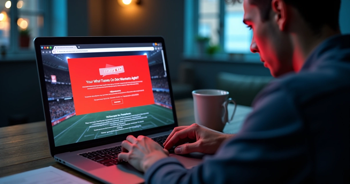 Tela de notebook mostrando um alerta de site falso durante compra online, usuário com expressão preocupada 
