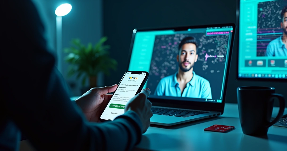 Pessoa segurando smartphone com notificação suspeita de Pix e rosto distorcido em tela de vídeo ao fundo 
