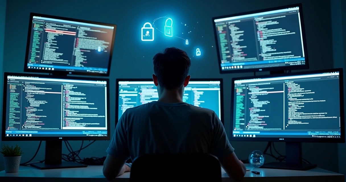 Pessoa em frente a computadores, códigos digitais exibidos nas telas 
