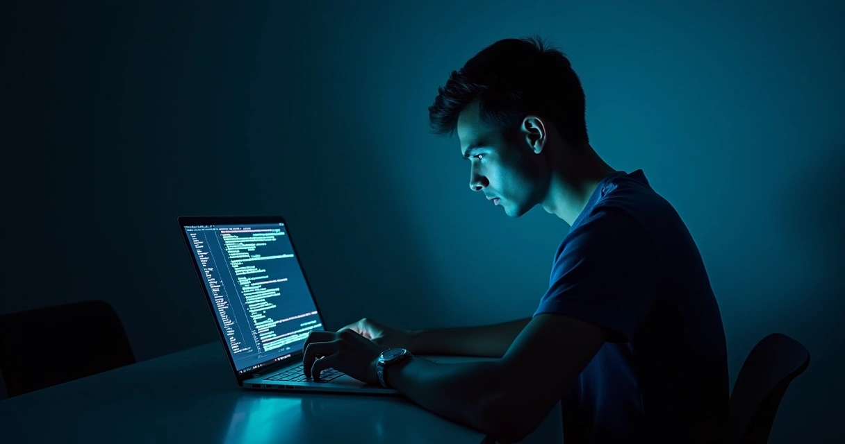Pessoa com roupas comuns digitando em laptop em quarto escuro, tela do notebook exibe linhas de código e gráficos de criptomoedas, ambiente iluminado apenas pela luz azul do monitor 