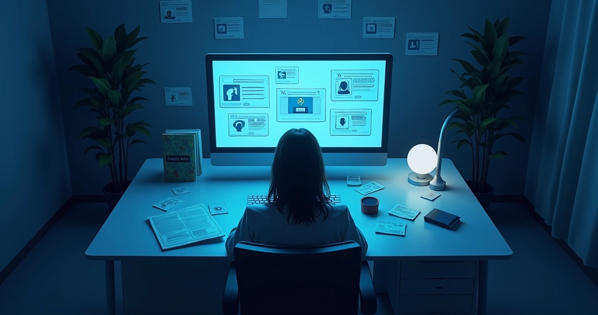 Pessoa usando computador em ambiente escuro com tela cheia de ícones de redes sociais e imagens bancárias