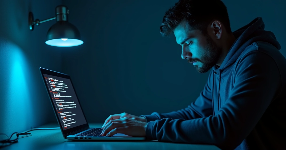 Homem digitando em laptop com tela de site falso 