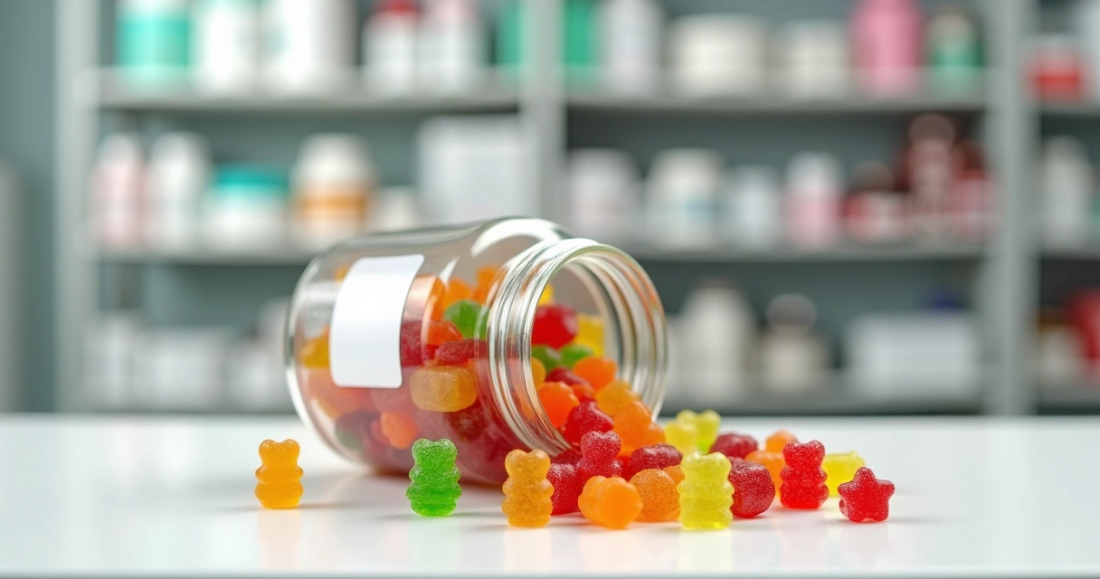 Gomas coloridas de vitaminas em pote de vidro transparente 