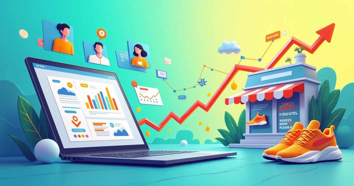 Ilustração de uma cena de marketing digital com laptop exibindo Google Ads, ícones de público-alvo, e um mercado digital à direita.