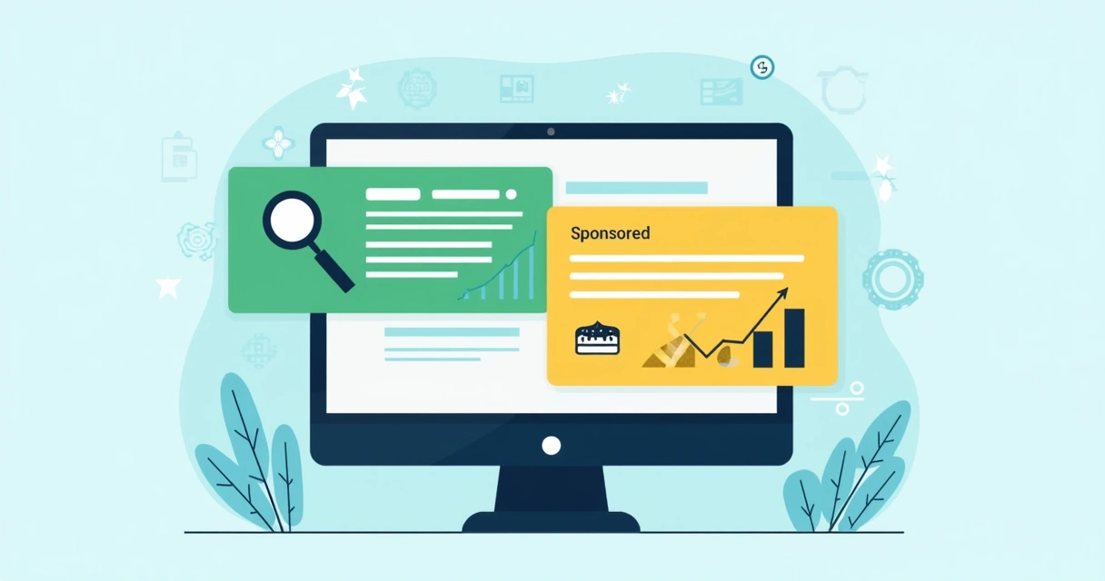 Ilustração de computador mostrando resultados orgânicos e anúncios pagos no Google 