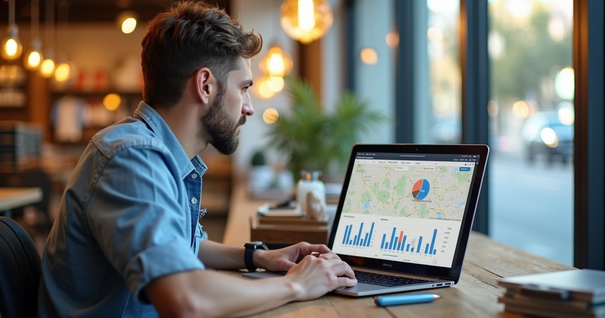 Business owner in Las Vegas reviews online ad performance on a laptop