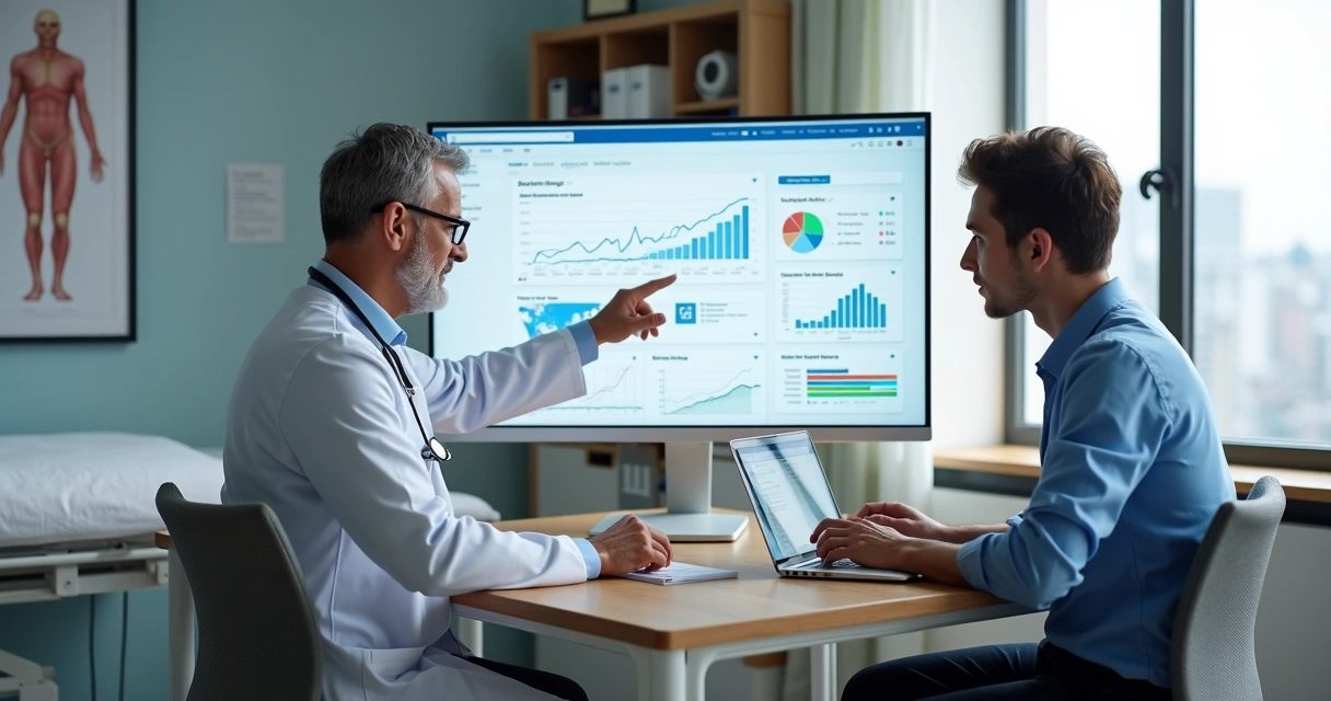 Médico analisando campanha de Google Ads para clínica no computador 