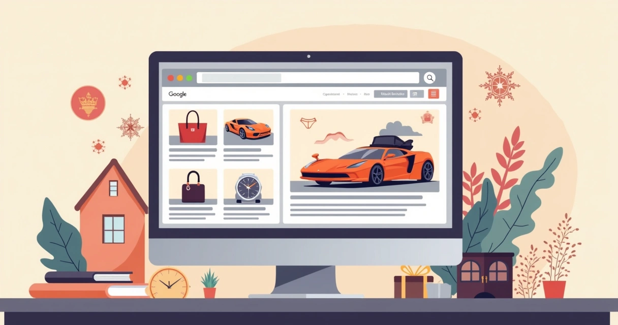 Tela de computador exibindo anúncios de produtos de luxo 